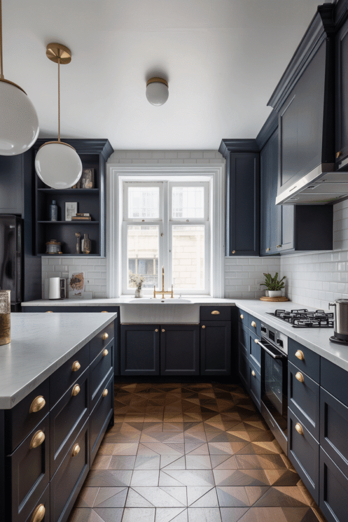 Brass hardware pops against deep blue cabinets for a luxurious look.