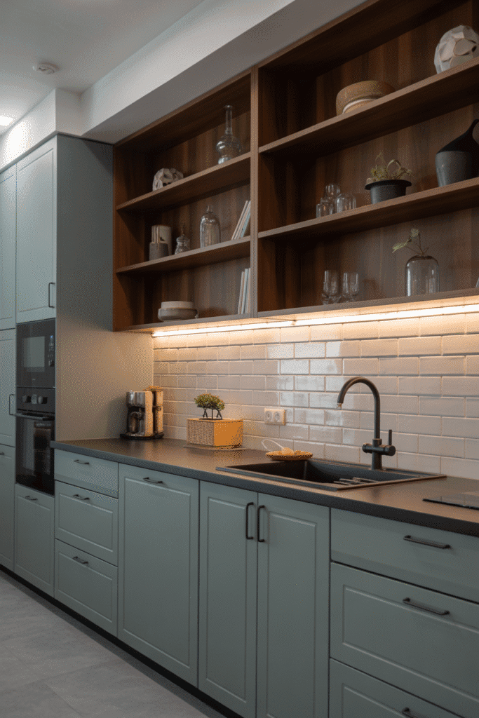 Dusty blue cabinets create a moody and elegant kitchen design.