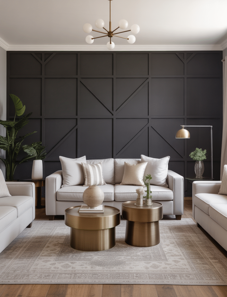 Living room with a bold black board and batten feature wall behind the seating area, paired with plush white sofas, layered neutral rugs, and metallic accents like brass coffee tables and floor lamps.