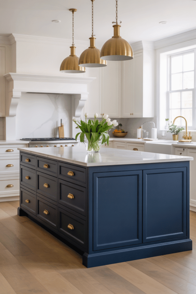 A bold blue island becomes the central design feature in a neutral kitchen.