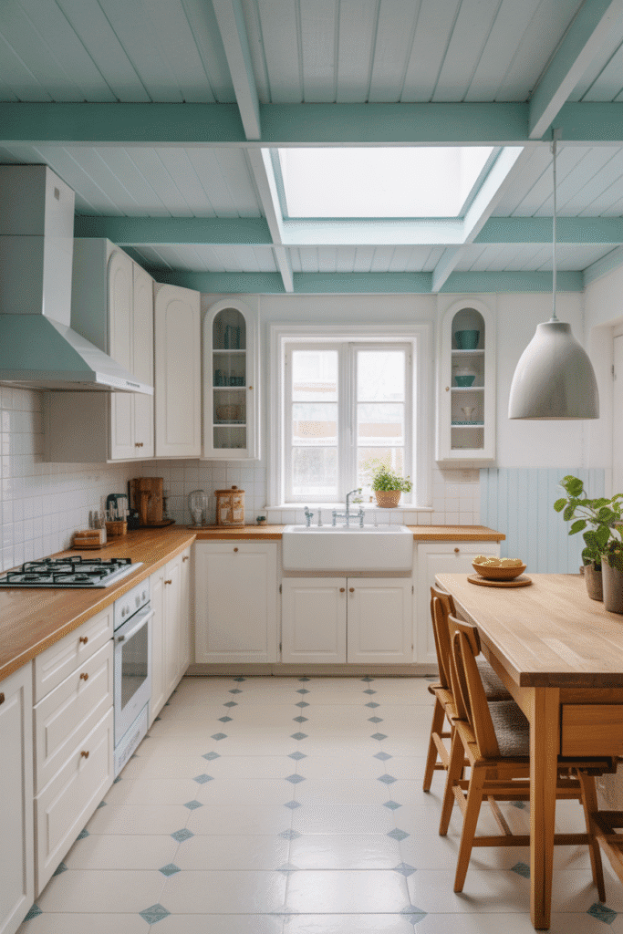 Blue ceiling adds an unexpected pop in this modern white kitchen.