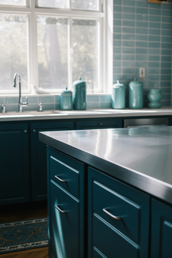 Multiple shades of blue add depth and cohesion to the kitchen design.
