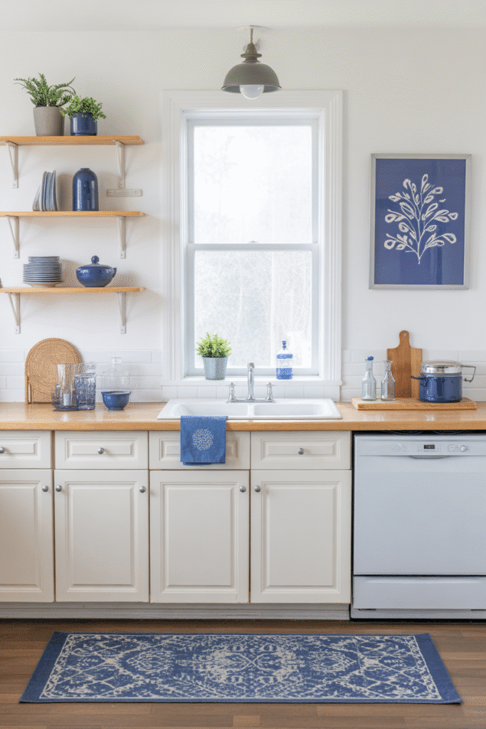 Blue textiles and decor bring seasonal style to a neutral kitchen.