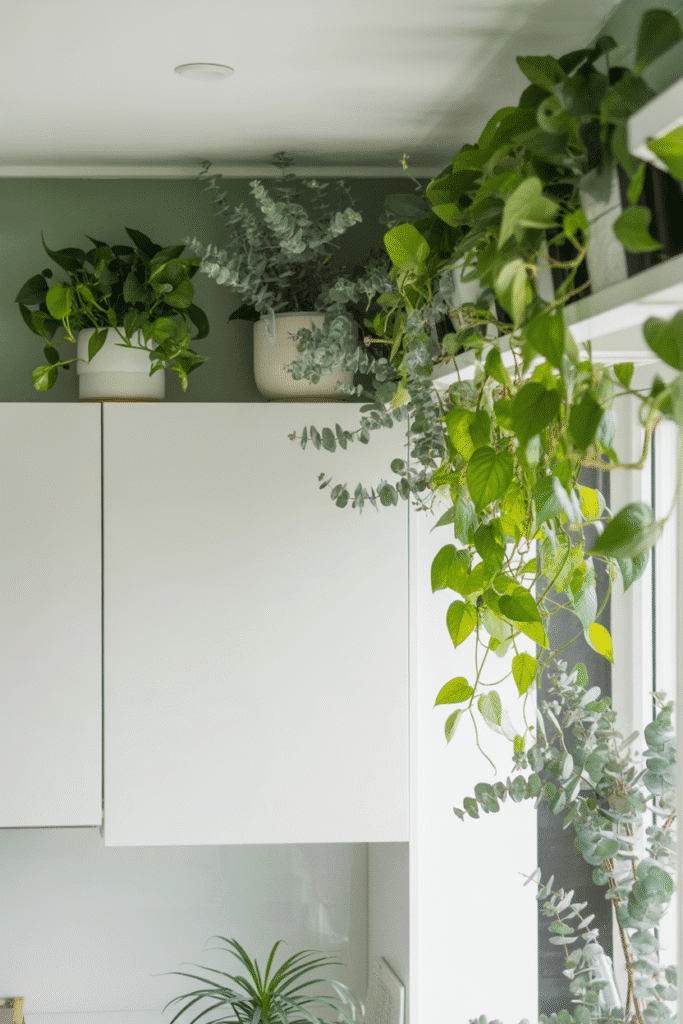 As a part of how to  decorate above kitchen cabinets this picture shows trailing greenery adds a fresh, organic touch above modern white kitchen cabinets.

