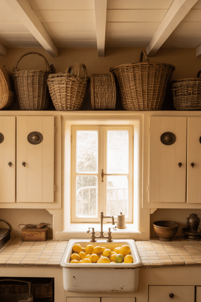 Wicker baskets add texture and natural charm above kitchen cabinets.

