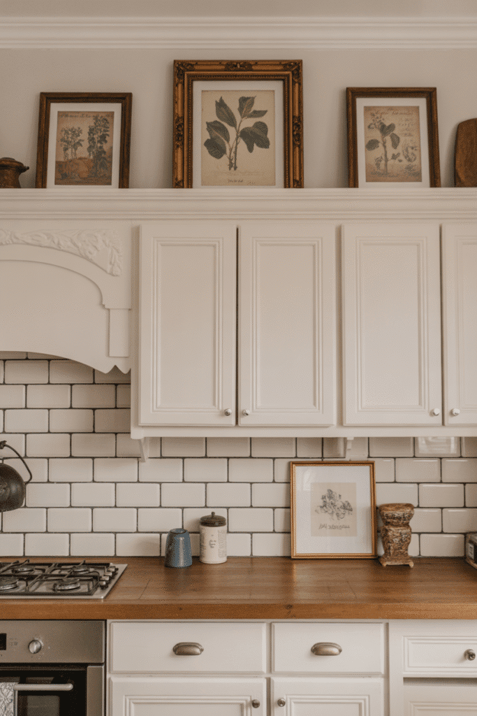 Framed art adds personality and charm above classic kitchen cabinets.

