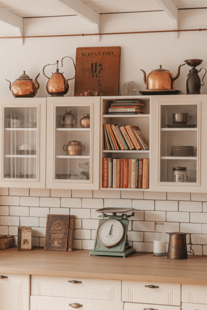 Cookbooks and antiques bring warmth and nostalgia to kitchen upper decor.

