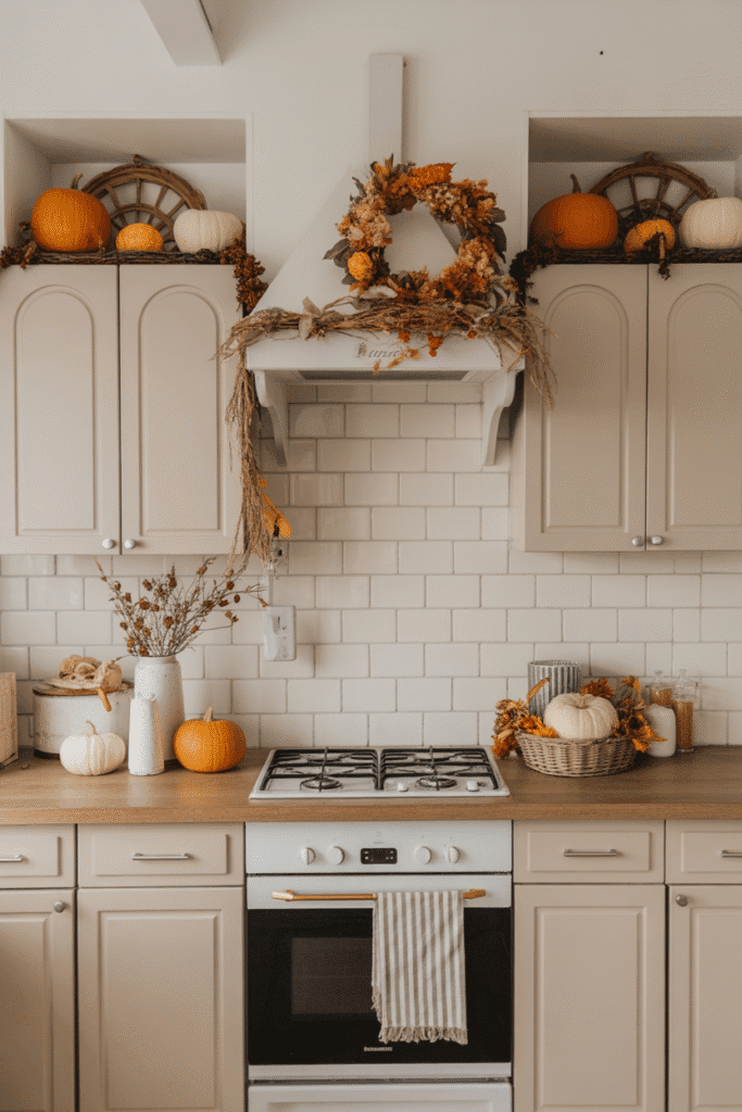 Seasonal decor adds festive flair to space above kitchen cabinets.

