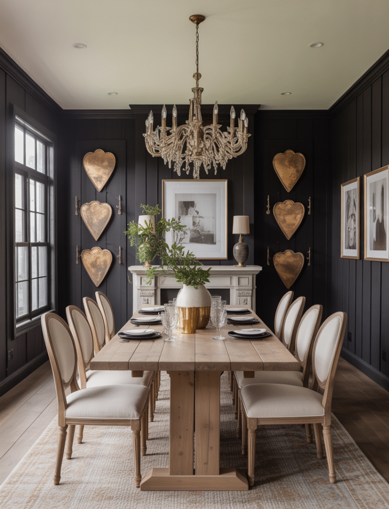 Dining room with black board and batten walls, a rustic wood dining table, gold or linen-upholstered chairs, and a large statement chandelier adding drama and elegance to the space.