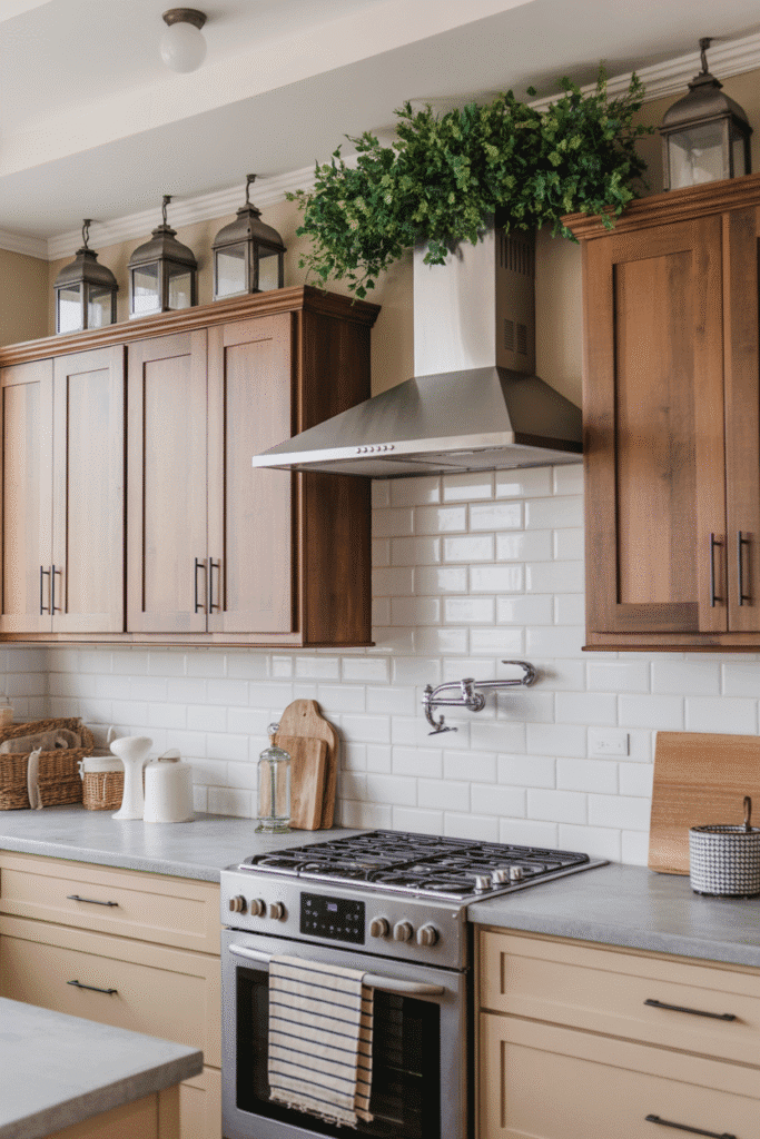 Lanterns and candleholders give cozy, ambient style above cabinets.

