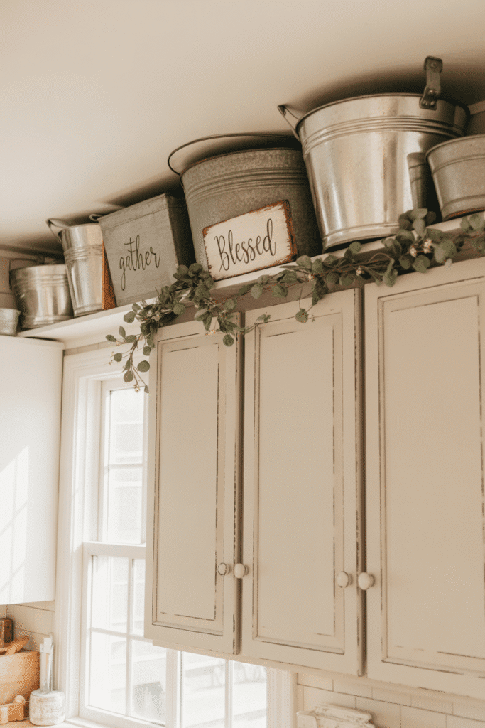 Farmhouse-style accents create a rustic, curated look above kitchen cabinets.

