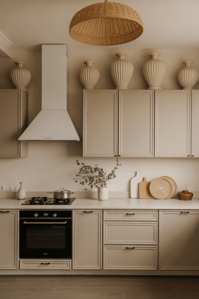Matching decor pieces offer a balanced and refined look above cabinets.

