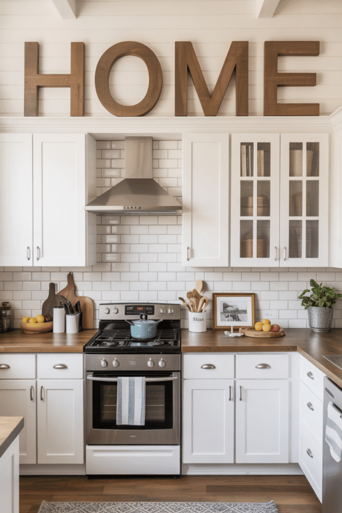 Oversized wood letters add a bold and fun touch to kitchen upper space.

