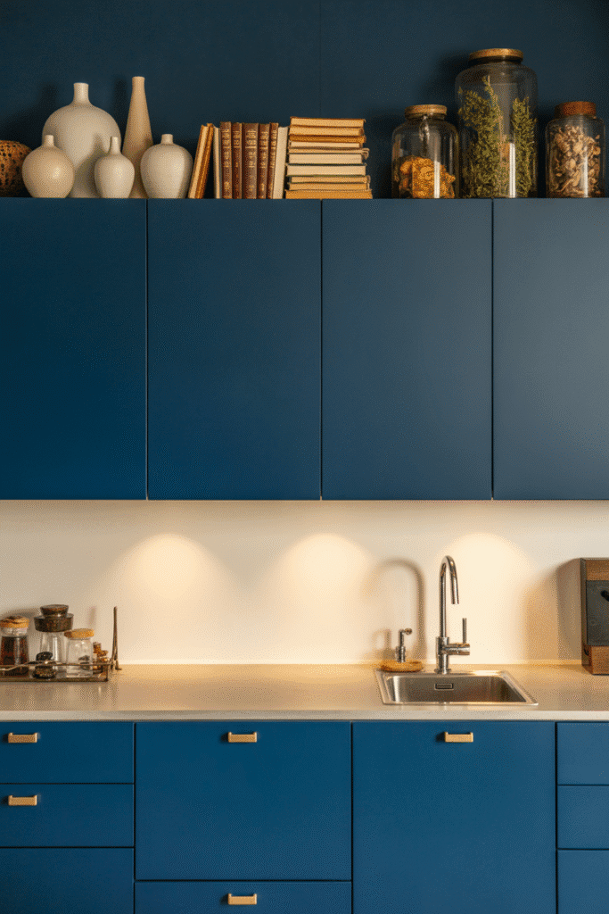 Coordinated color decor above cabinets ties the whole kitchen palette together.

