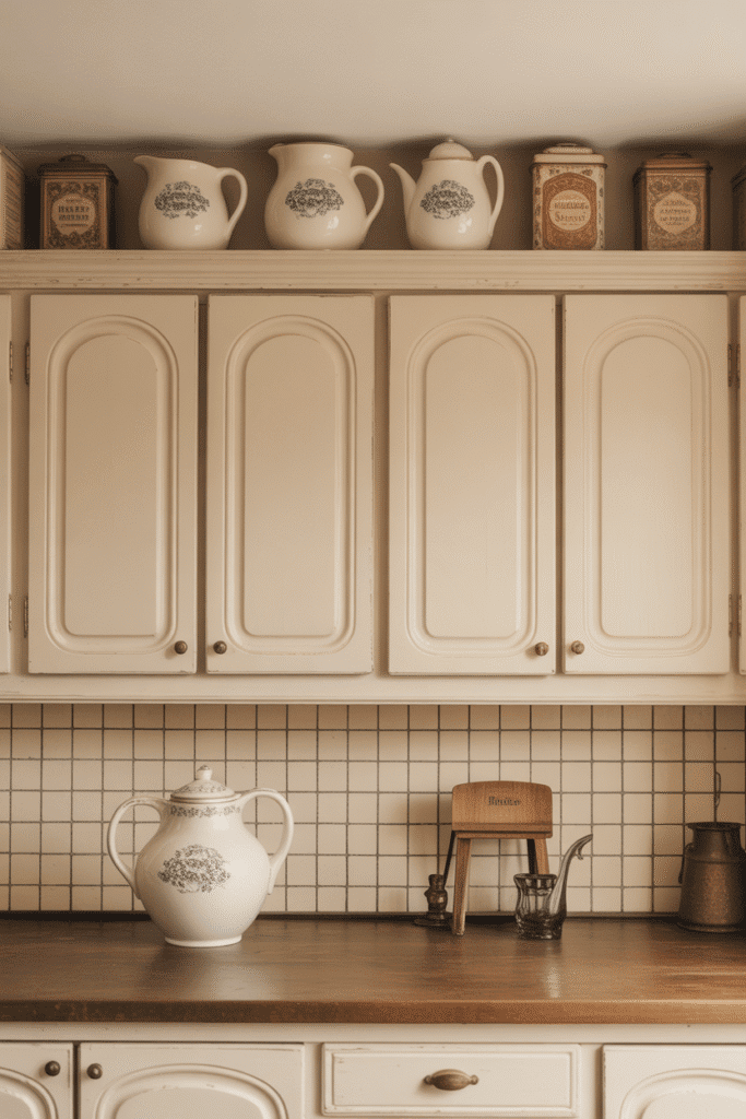 Showcasing a collection of pitchers adds cohesive charm above cabinets.

