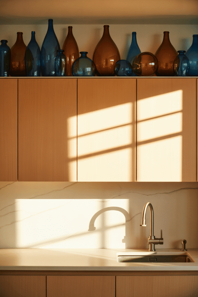 Colorful glass bottles reflect light and add beauty above kitchen cabinets.

