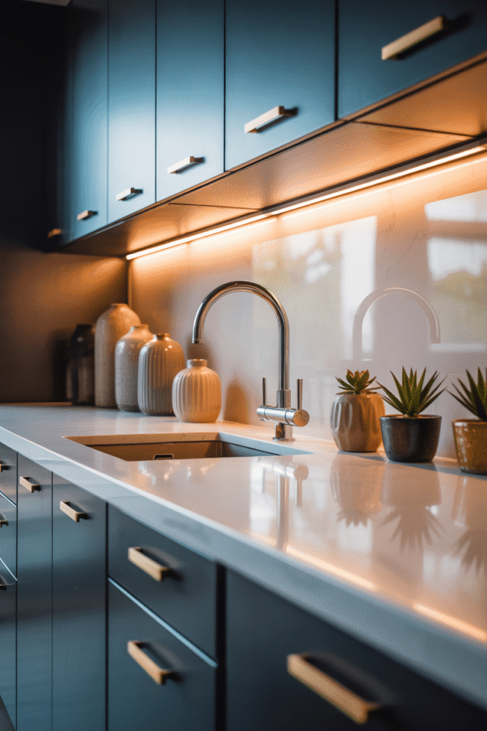Underlighting above cabinets enhances decor and adds a warm glow.

