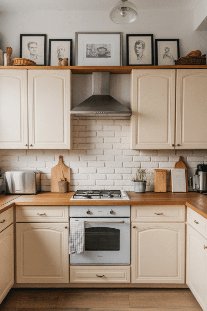 Mini gallery wall above kitchen cabinets adds visual interest and personality.


