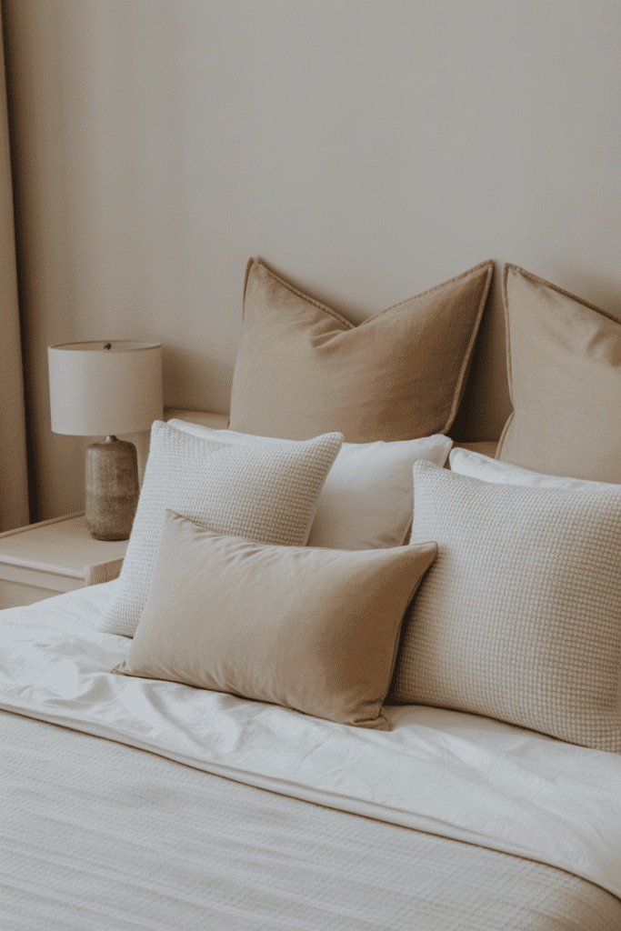 As a part of ways to arrange bedroom pillows without a headboard this picture displays euro pillows create the look of a headboard in this layered pillow setup.