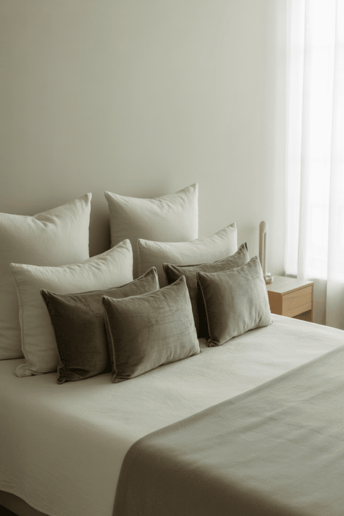 Pillow grid layout creates clean symmetry on a headboard-free bed.