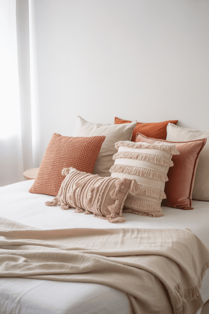 Layered textured pillows give a cozy boho look to a simple bed.