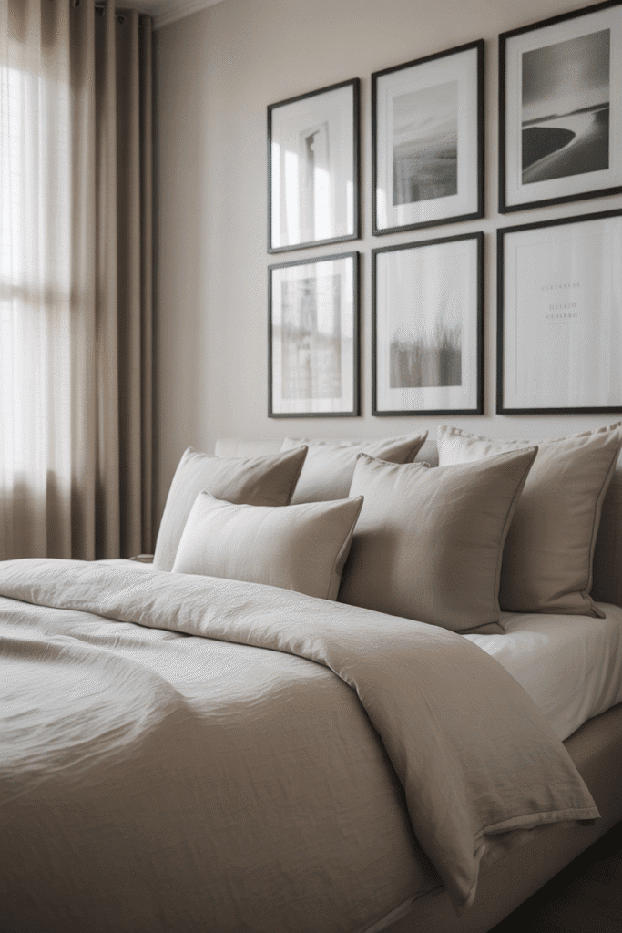 Pillows styled to visually anchor a gallery wall in a no-headboard space.