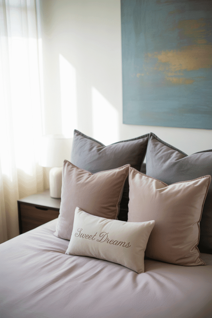 Cascading pillow heights create depth and layering on a no-headboard bed.