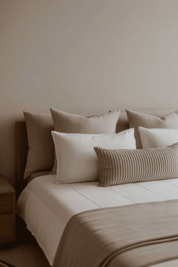 A long lumbar pillow adds structure and polish to a bed without a headboard.