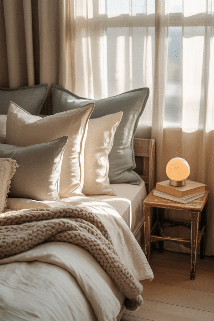 Offset pillow arrangement gives a relaxed, modern touch to a no-headboard bed.