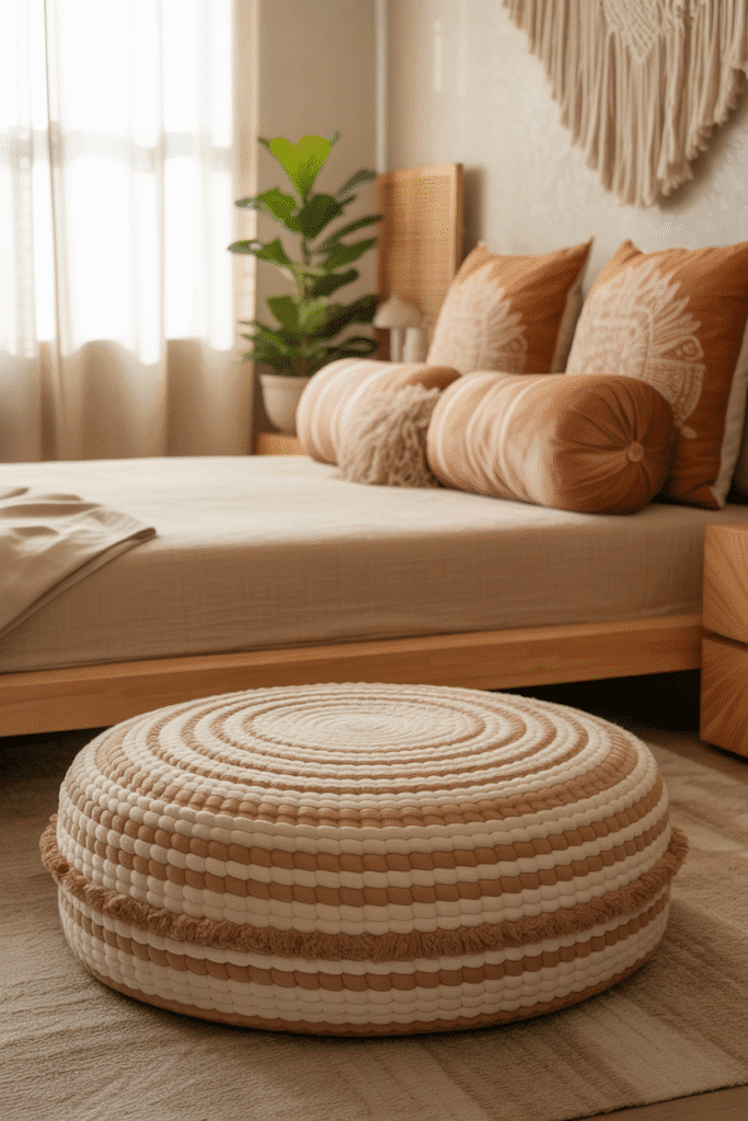 Floor pillows and bolsters add height and personality above standard pillows.