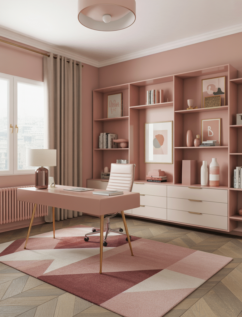 Contemporary space with a pink geometric rug grounding the room, surrounded by modern furniture and light decor.