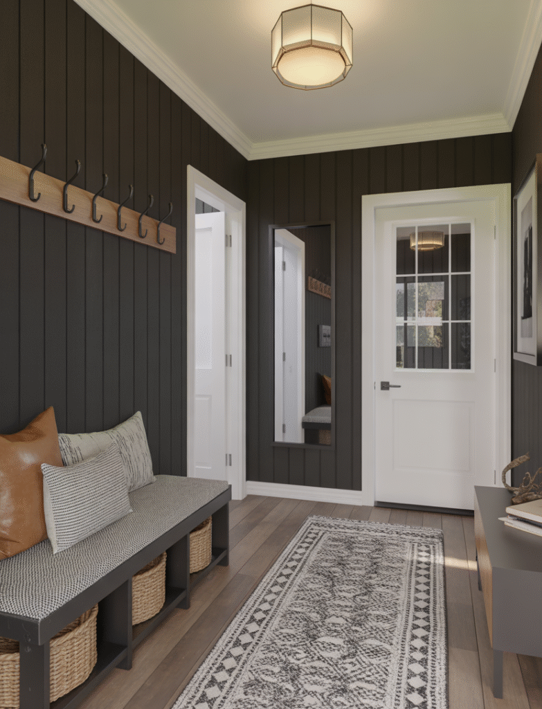 Entryway with black board and batten walls, featuring a bench with textured cushions, sleek coat hooks, and a patterned runner rug, creating a stylish and functional welcome.