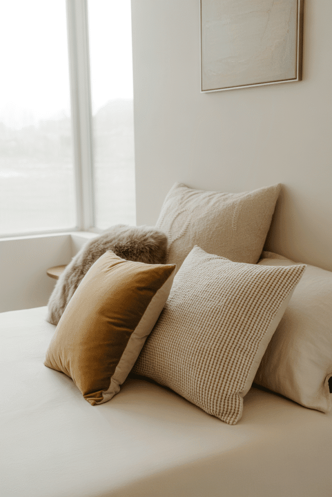 Odd-numbered pillow arrangement adds interest and flow to headboard-free beds.