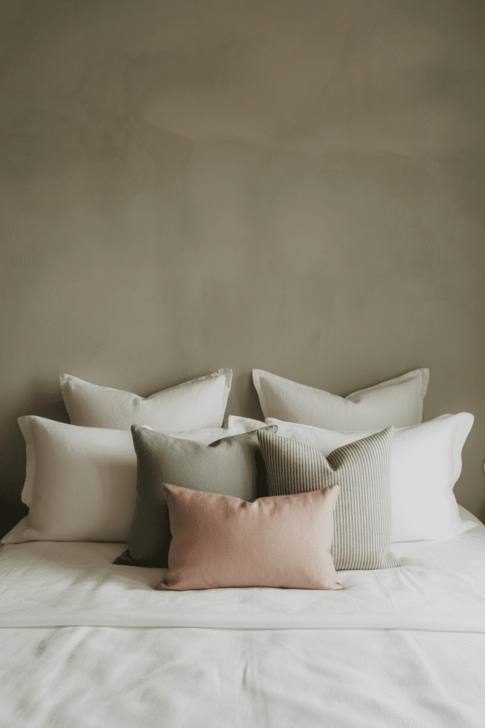 Vertical and horizontal pillow styling adds visual layers without a headboard.
