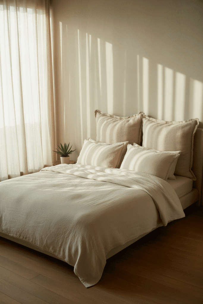 Tucked blanket behind pillows adds color and height without a headboard.