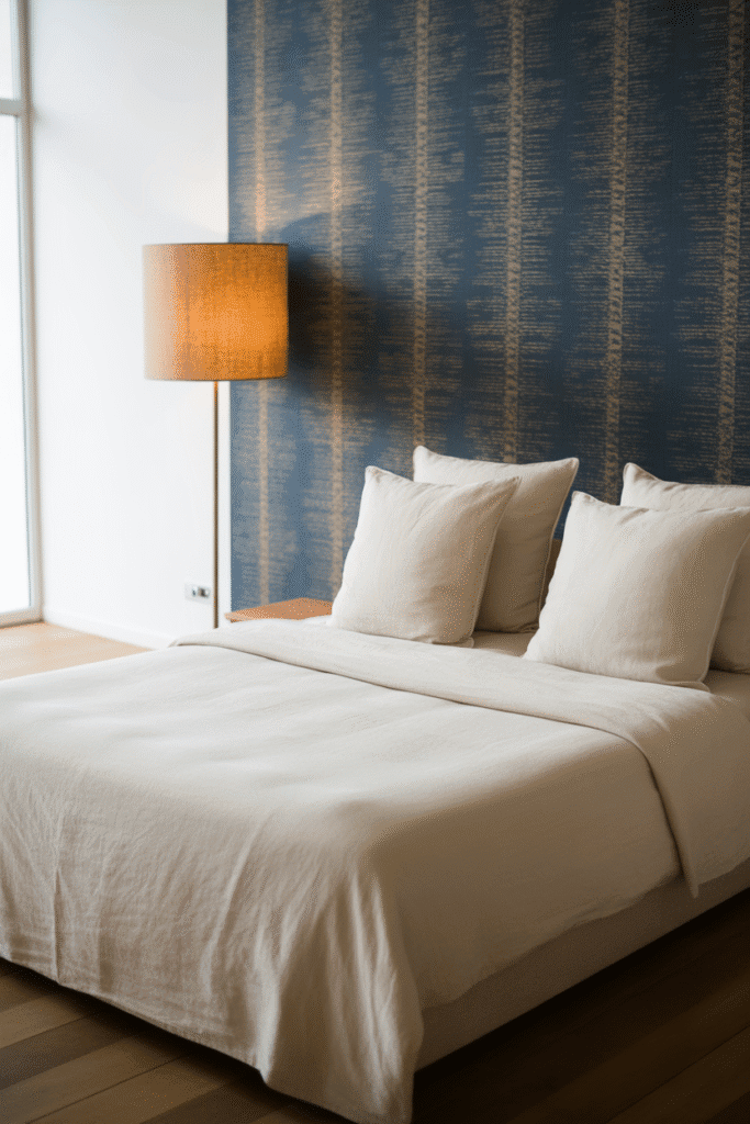 Statement wall acts as a backdrop, allowing pillows to stay simple and stylish.