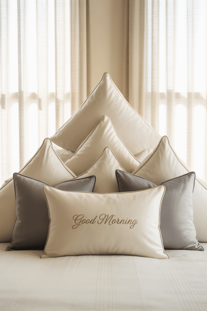 Classic pyramid-style pillow arrangement on a bed without a headboard.