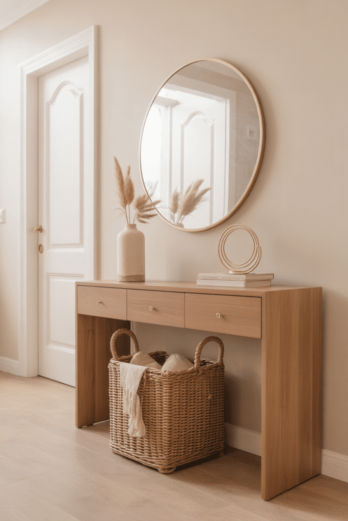 Console table styled with a statement round mirror for a bright, modern entryway.

