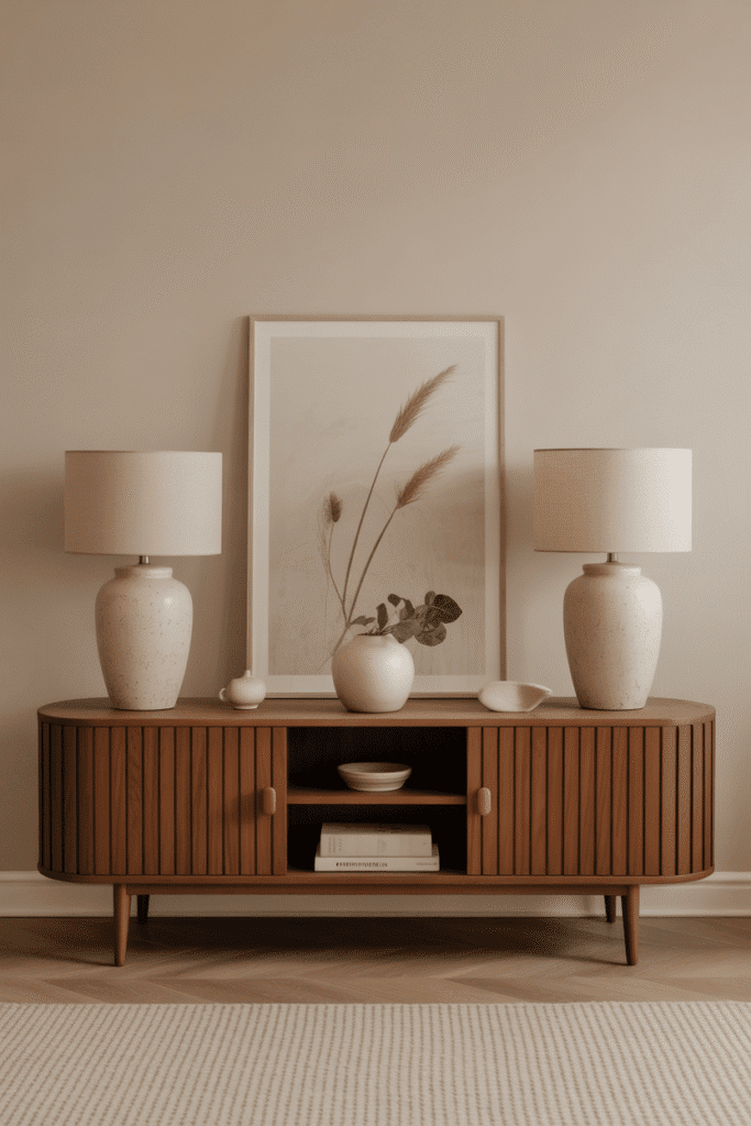As a part of console table decor ideas this picture displays matching table lamps add symmetry and warmth to console table styling.

