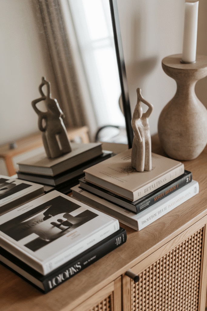 Stacked books bring height and personality to this console table decor.

