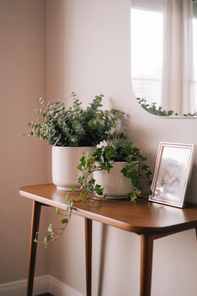 Greenery softens the space and adds freshness to console table decor.

