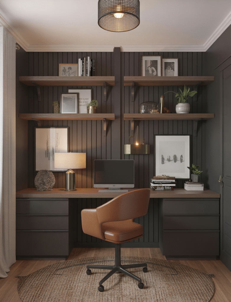 Home office with a black board and batten wall as the backdrop, featuring floating wood shelves, a leather chair, and minimal accessories for a polished and professional look.