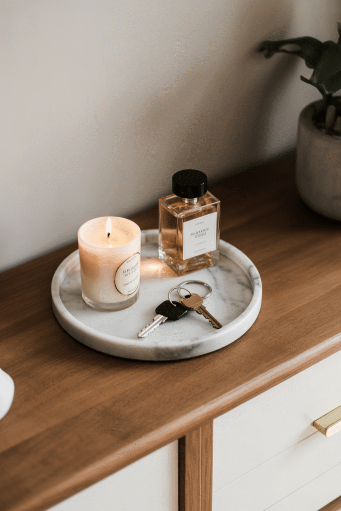 Decorative tray keeps small items tidy and stylish on a console table.

