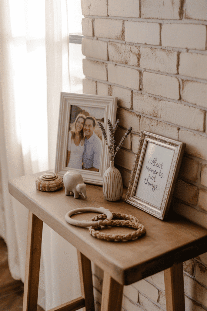 Personal items like photos and keepsakes make console decor meaningful.

