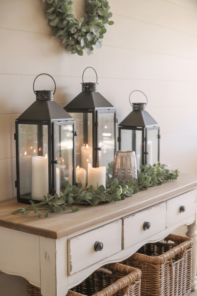 Candles and lanterns add warmth and mood to console styling.

