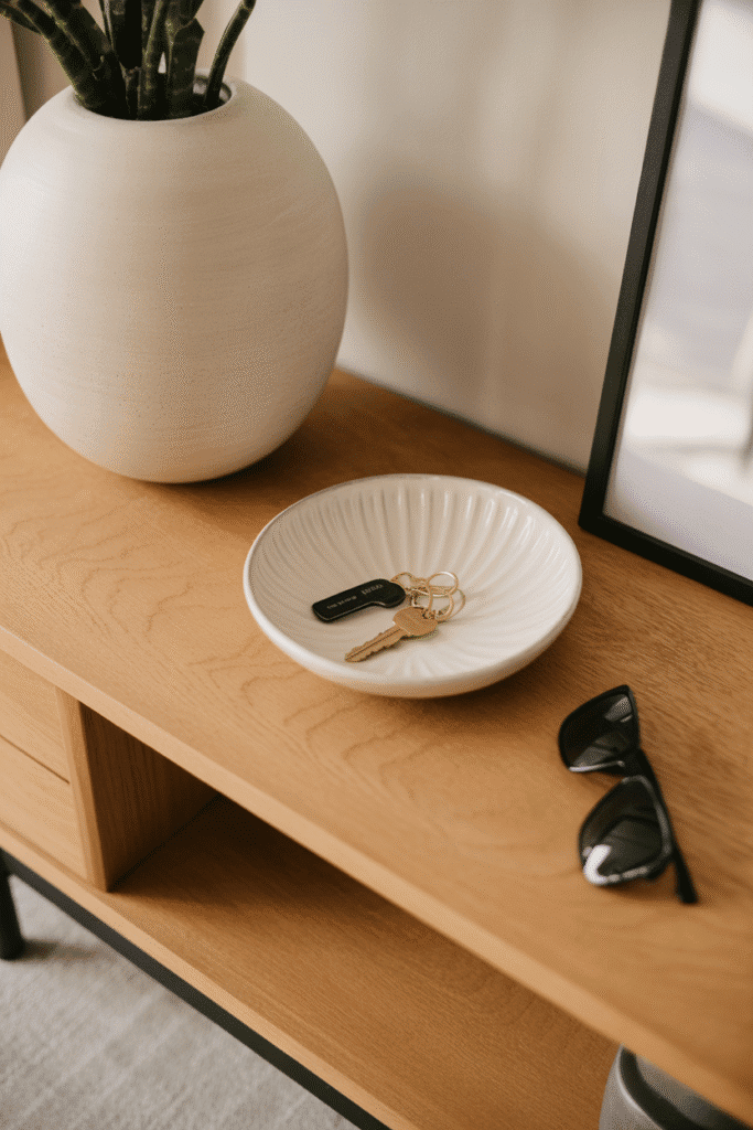 A decorative bowl keeps essentials organized and easy to grab.

