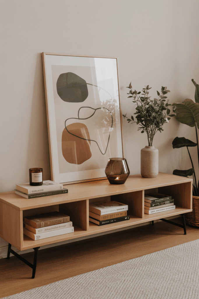 Framed art adds personality and anchors the space above a console.

