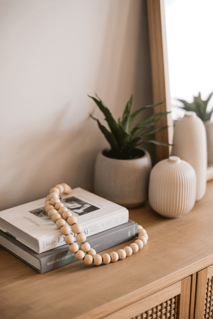 Decorative beads add texture and a boho accent to console decor.

