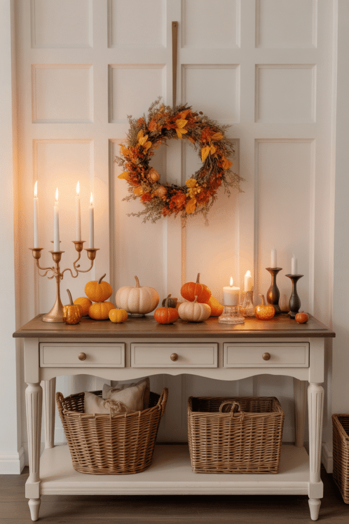 Seasonal accents give console decor a festive, fresh update.

