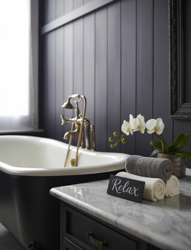 Bathroom with black board and batten accent walls, brass fixtures, marble counters, and light-colored tiles, creating a high-end, spa-like feel.
